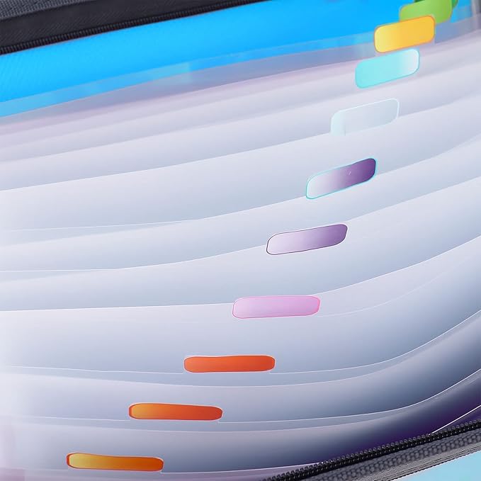 MEGREZ Expanding File Folder with 13 Pockets, A4 Paper File Folder with Zipper Color Labels, Waterproof Accordion File Folder Organizer for Home Office, Blue