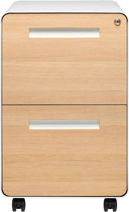 Laura Davidson Furniture Stockpile 2 Drawer Mobile File Cabinet with Lock - Under Desk Metal Filing Cabinet, Legal/Letter File Folders, Wheels and Stationary Feet, Pre-Assembled, White/Wood