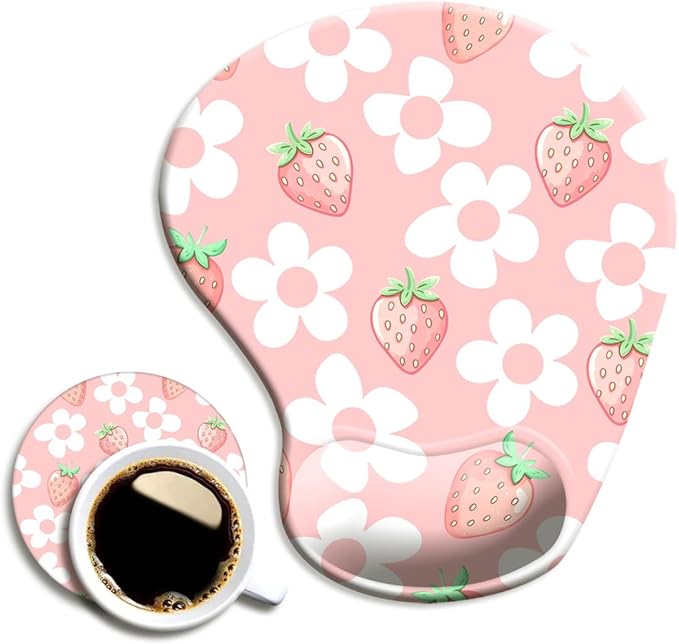 Ergonomic Mouse Pad with Wrist Support,Mouse Pad with Wrist Rest and Coaster Set,Office Supplies Non-Slip Mouse Pads for Desk, Non-Slip Comfortable,Pink Floral Kawaii
