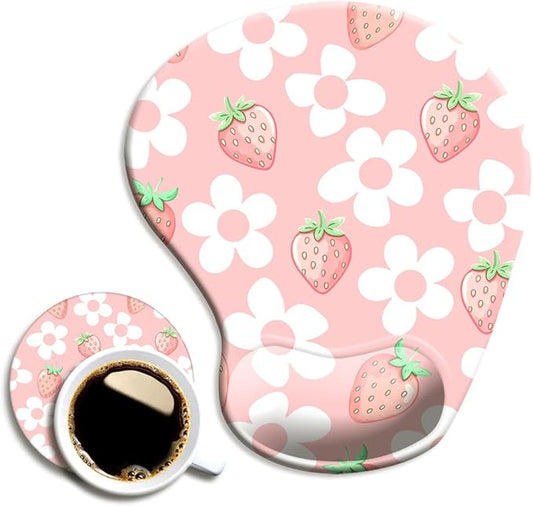 Ergonomic Mouse Pad with Wrist Support,Mouse Pad with Wrist Rest and Coaster Set,Office Supplies Non-Slip Mouse Pads for Desk, Non-Slip Comfortable,Pink Floral Kawaii