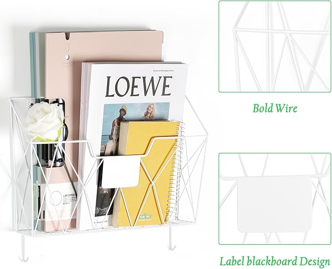 Wall File Holder 6 Pockets Hanging Wall File Organizer, for Papers, Files Clipboard & Magazine Organizer, Wall Mount File Holder Rack for Office Home, White