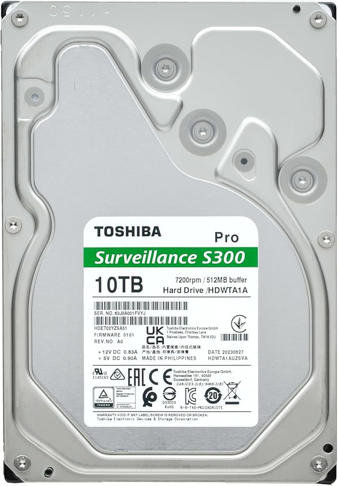Toshiba S300 PRO 10TB Surveillance 3.5” Internal Hard Drive – CMR SATA 6 Gb/s 7200 RPM 512MB Cache - HDWTA1AUZSVAR