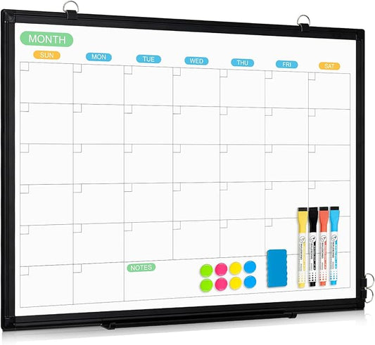 WALGLASS Dry Erase Calendar Whiteboard for Wall, 24" x 18" Double-Sided Monthly Calendar White Board with Black Aluminum Frame, Hanging or Wall Mount Dry Erase Whiteboard for Home, Office, School