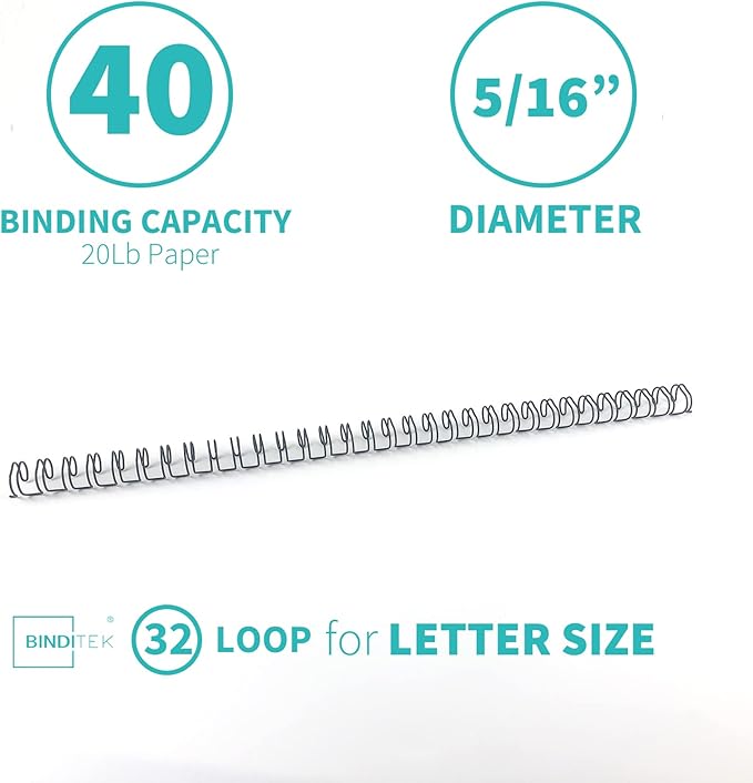 Binditek 100 Pack Double Loop Wire Binding Spines, 5/16 Inch Binding Wire for Letter size, 3:1 Pitch, 40 Sheet Capacity, 32-Loop, Black, for Students and Coworkers