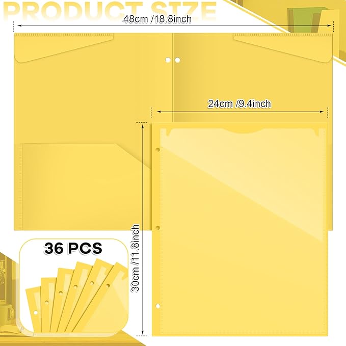 Henoyso 36 Pcs 2 Pocket Plastic Folders with Clear Front Pocket 3 Hole Punched File Folder Letter Size Take Home Documents Holder for Paper Holder Office Business Back to School Supply (Yellow)