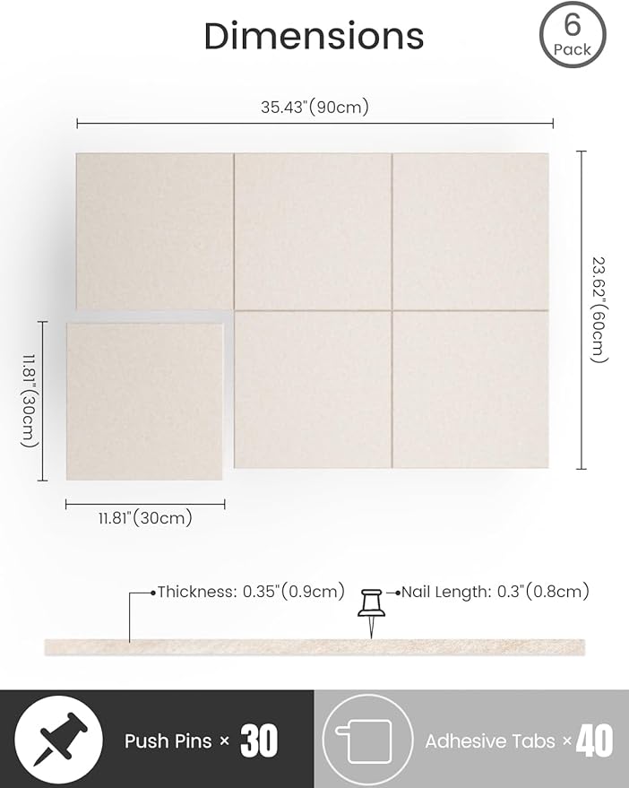Bumusty Large Cork Board 36"x24" Alternative - 6 Pack Felt Wall Tiles with 40 Safe Removable Adhesive Tabs, 30 Pushpins, Cork Boards for Walls Pin Board Bulletin Board Office Decor (Oatmeal)
