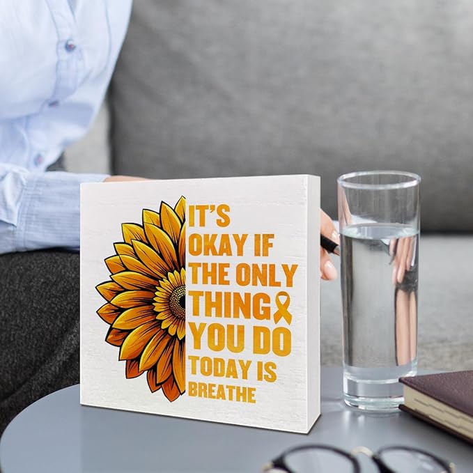 Therapy Office Desk Wooden Box Sign Decor, Suicide Prevention Sunflower Wood Box Sign Decorations for School Psychologist Therapy Office, Gifts for Therapist Psychologist School Counselor, It's Okay