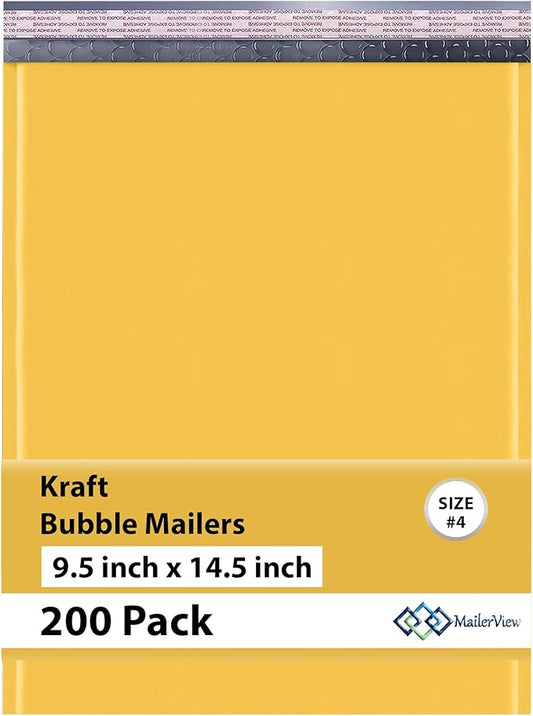 Large Kraft Bubble Mailers 9.5x14.5 inch #4 | Self Seal Padded Envelopes Cushioned Bubble Mailer | Usable Size 9.5x13.5 | Lightweight mailing Shipping Bags | 200 Pack Bulk | USA Made
