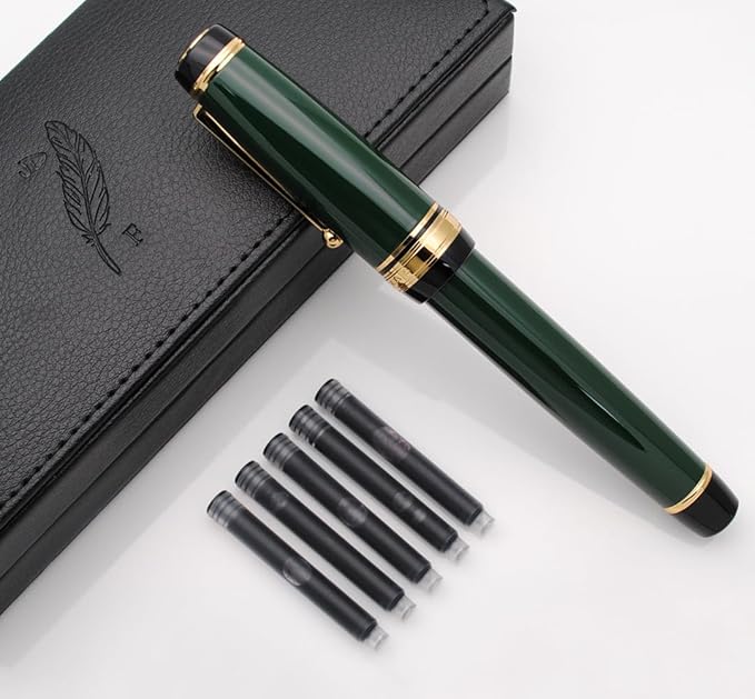 Metal Big Fountain Pen Set Medium Nib 0.7mm, Includes Ink Refill Converter, 5 Ink Cartridges & Gift Box (Medium Nib 0.7mm, Green)