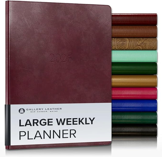Gallery Leather Large Weekly Monthly Planner 2025-2026, Elegantly Bound Calendar Planner and Notebook with Stylish Gold-Gilded Page Edges, 12 Months - Acadia Burgundy - 9.75 x 7.5 "