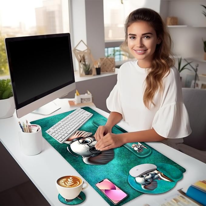 Desk Mat Pad, Large Gaming Mouse Pad with Wrist Rest Wrist Support, Ergonomic Mouse Pad Keyboard Mat Wrist Rest, Cup Coaster, Home Office Desk Accessories Decor Supplies, Cute Elephant