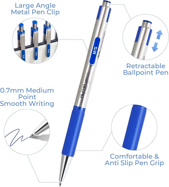 M&G Ballpoint Pens, Blue Ink Pens Medium Point 0.7mm, Retractable Ballpoint Pens Bulk Long Lasting Smooth Writing with Anti-Slip Grip for Journaling Office Supplies School Women Men (12 Pack)