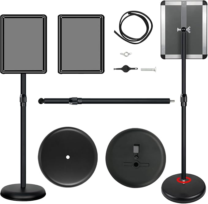 11x17 inches Poster Stand Holder Adjustable Pedestal Floor Standing Sign Holder Vertical and Horizontal View Sign Display, Aluminum Snap Open Frame with Safety Corner, Black