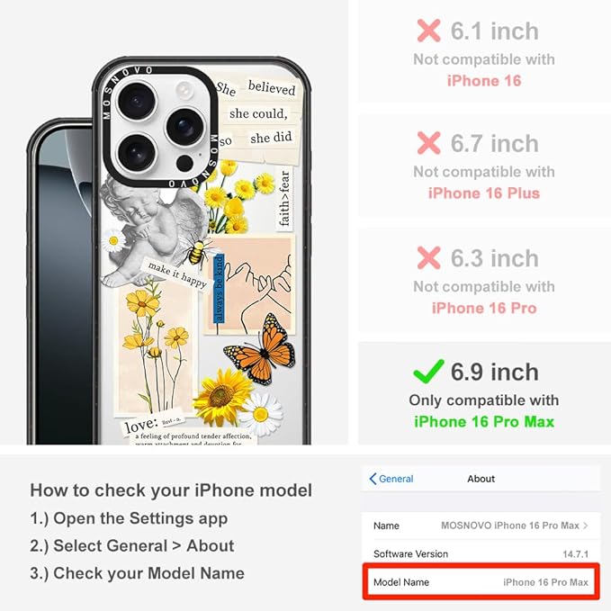 MOSNOVO Case for iPhone 16 Pro Max, [10ft 4X Military-Grade Drop Protection] Durable & Shockproof Phone Case Cover Design for iPhone 16 Pro Max - Vintage Collage Art - Clear Black