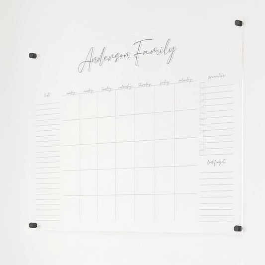 Personalized Clear Acrylic Calendar for Wall, Calendar Whiteboard for Wall, Dry Erase Wall Calendar, Wall Calendar Organizer System for Home (Cursive, Grey, 38"W x 26"H)