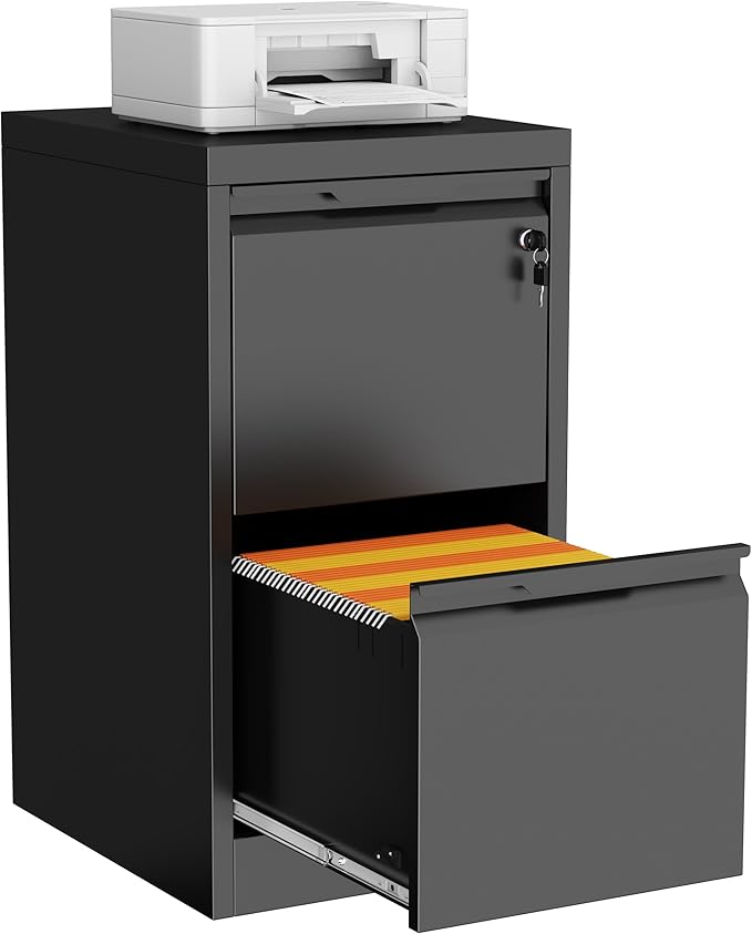 2-Drawer File Cabinet with Lock,Metal Vertical Filing Cabinets for Home Office,Under Desk File Cabinets for Letter/Legal/A4 Size Files,Easy Assemble,Black