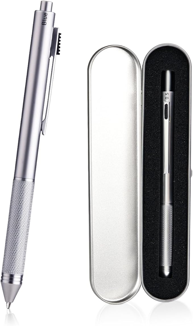 smttw 4 in1 Multi-Function Refillable & Retractable Ballpoint Pen + 0.5mm Mechanical Pencil, Fine Point, Silver Metal Barrel, Black/Red/Blue Inks, Multicolor Pen With Metal Gift Box
