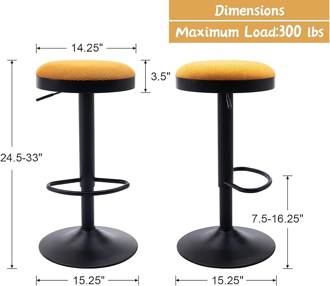 Round Swivel Counter Height Bar Stools Set of 4 Modern Adjustable Barstools Backless Corduroy Bar Chairs Industrial Island Chairs with Metal Base/Footrest for Kitchen Island/Pub/Bar, Yellow