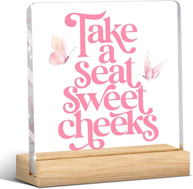 Funny Pink Bathroom Decor Preppy Take A Seat Sweet Cheeks Sign Bathroom Toilet Table Acrylic Sign Plaque Table Decorations for Home Toilet Washroom