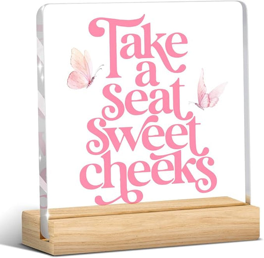 Funny Pink Bathroom Decor Preppy Take A Seat Sweet Cheeks Sign Bathroom Toilet Table Acrylic Sign Plaque Table Decorations for Home Toilet Washroom