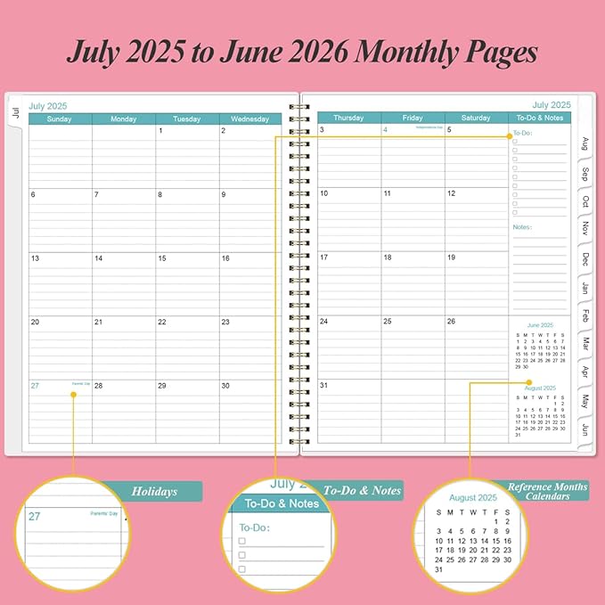 2025-2026 Planner - Academic Planner 2025-2026 from July 2025 to June 2026 with 12 Monthly Tabs, Flexible Cover, Inner Pocket, 8.5" x 11", Pink