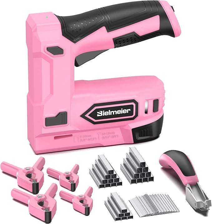 Bielmeier Pink Cordless Staple Gun, 2-in-1 Nail Gun Battery Powered with 2650Pcs Staples and Nails, 4V Brad Nailer Tacker Electric Stapler for Upholstery, Material Repair, Carpentry, Wood, DIY