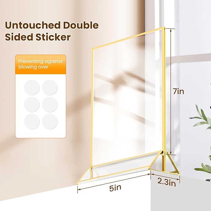 5X7 Acrylic Sign Holder Double-Sided Gold Frames Flyer Display Stand for Menu Wedding Table Number with Clear Sticky Dots - 6 Pack