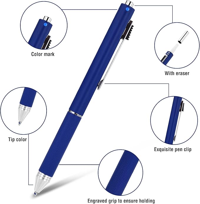 SMTTW 4-in-1Multicolor Pen,Mechanical Pencil&Black Red Blue Metal Pen,Multi Colored Pens in One with Portable Case,Refillable Ballpoint Pen with Gift Box,Professional,Executive Multifunction Pen(Blue)