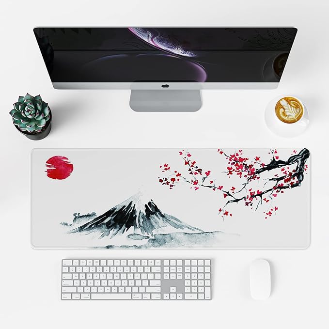 ETZ Japanese Cherry Blossom White Mouse Pad (31.5 × 11.8 × 0.12 inch) Extended Large Mouse Mat Desk Pad, Stitched Edges Mousepad,Non-Slip Rubber Base,Gaming Mouse Pad XL,Office & Home.