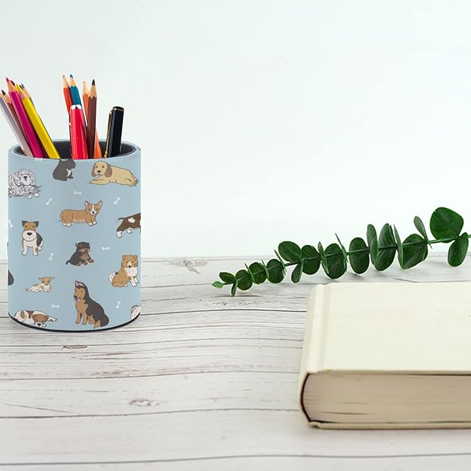 Cute Puppy Dog Pen Holder Pencil Organizer Cute Pencil Cup Desk Decor Makeup Brush Holder Dice Cup PU Multifunctional Office Suppliesfor Home Classroom School