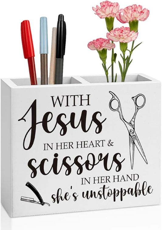 Hairstylist Gifts, Hairdresser Gift for Women Men Friend Employee Rustic with Jesus in Her Heart and Scissors in Her Hand Wooden Box Holder Home Hair Salon Barbershop Decor