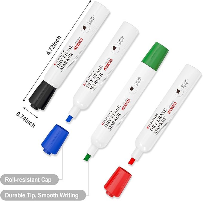 Comix Dry Erase Markers, Chisel Tip White Board Markers, 36 Bulk 4 Assorted Colors Low Odor Markers for Teachers Office & School Supplies