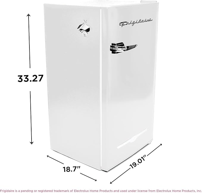 Frigidaire Retro Compact Fridge with Chiller, 3.2 cu ft Countertop Fridge with Built-In Bottle Opener, Compact Refrigerator for Office, Bedroom, Dorm Room or Cabin - 18.7"D x 19.01"W x 33.27"H (White)