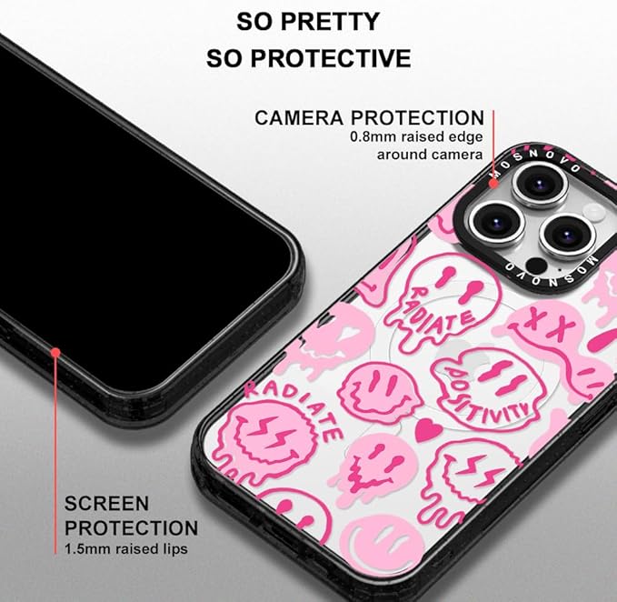 MOSNOVO Magnetic Case for iPhone 16 Pro, 10ft Military-Grade Protection, Compatible with Magsafe, Shockproof Phone Case for iPhone 16 Pro - Pink Dripping Smiles - Clear Black