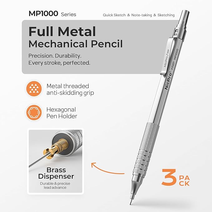 Nicpro 0.5 Mechanical Pencil Set with Case, 3PCS MP1000 Metal Artist Pencil & 8 Tube HB Lead Refills 0.5mm, 3 Erasers,9 Eraser Refills For Architect Writing Drafting, Drawing, Engineering, Sketching