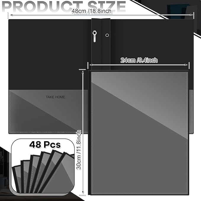 Henoyso 48 Pcs Plastic Folders with Clear Front Pocket and 3 Prong Take Home Plastic 2 Pocket Folder Back to School for Students Parent Teacher Communication for School Office (Black)