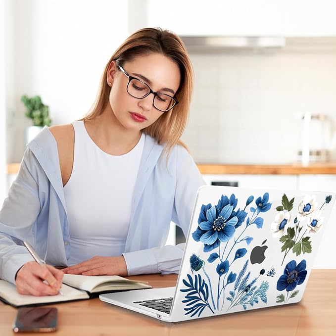 Teryeefi Compatible with M2 M1 MacBook Pro 13 Inch Case A2338 A2289 A2251 A2159 A1989 A1706 A1708 (2024 20203 2022-2016), Hard Shell Case & Keyboard Cover for Mac Pro 13" - Blue Plant Flower
