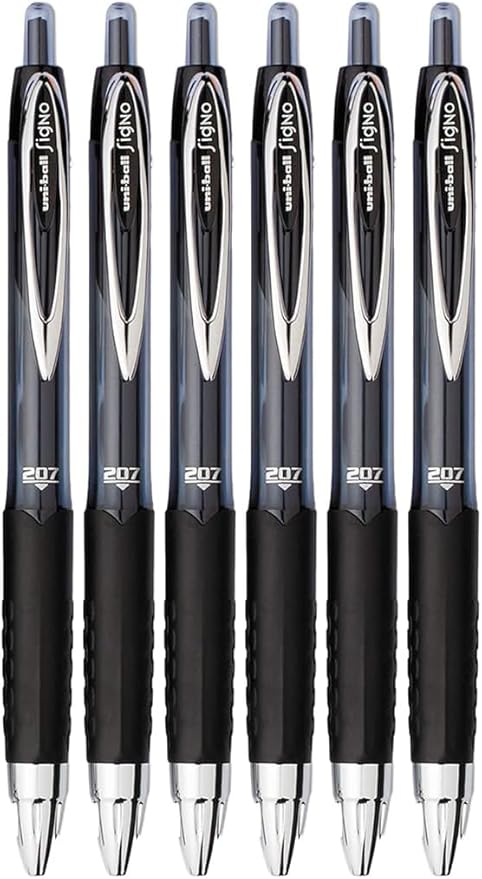 Signo 207 Roller Ball Retractable Gel Pens, Medium Point (0.7mm), Black Ink, 6 Count, Bundle with Plastic Reusable Pouch