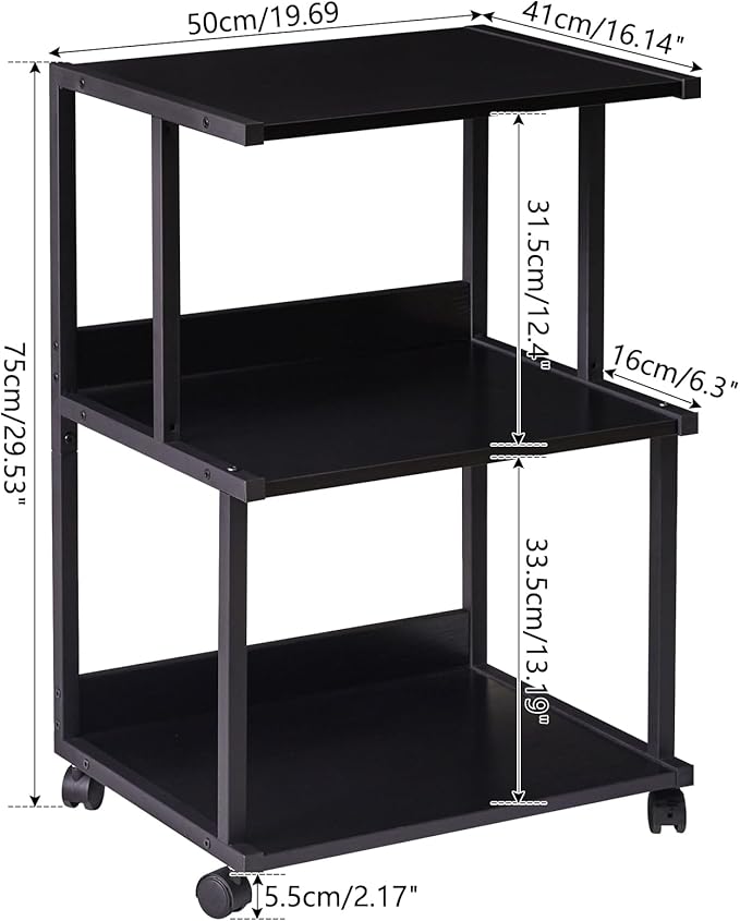 IBUYKE Black Printer Stand with Storage Shelf,3 Tier Printer Table with Wheels,Printer Cart for Home Office Organization, Rolling Cart Stand for Heat Press Microwave and Mini Fridge TPS001B