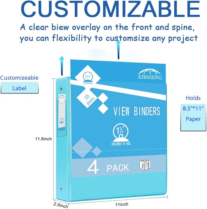 4 Pack 1.5 Inch 3 Ring Binder with Pockets - Extra Durable Round Ring Binders for 8.5" x 11" Paper, PVC-Free， School & Office Supplies, Assorted Colors