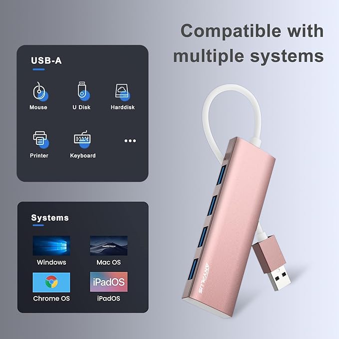 USB Hub, USB 3.0 Hub Aluminum Alloy Ultra Slim USB Splitter, Portable 4 Port USB Extender, USB Hub for Laptop, PC, MacBook, iMac, Surface Pro, Mac Pro, Flash Drive, XPS 【Pink】