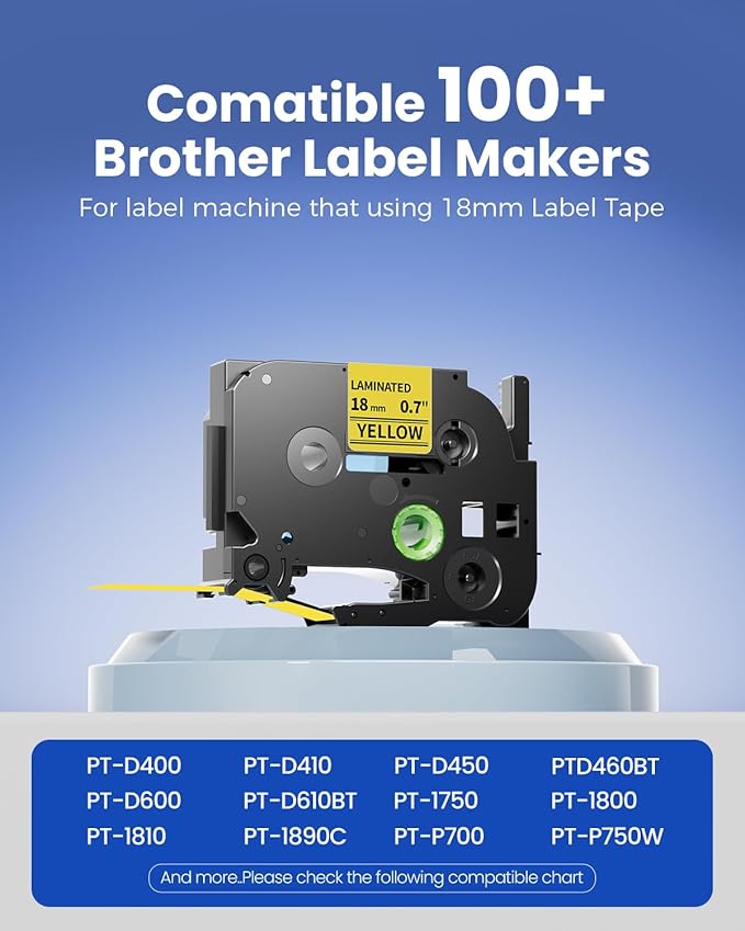 Colorty 18mm Black on Yellow Tape Replace for Brother TZe-641 P-Touch Label Tape 18 mm 0.7 Laminated TZe641 for Ptouch PTD400 PTD410 PT-E300 PT-E560BTVP Edge Label Maker Refills 3/4 Inch, 6 Pack