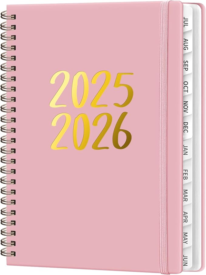 Planner 2025-2026, July 2025 - June 2026 Daily Weekly and Monthly Calendar Planner Book with Tabs, Notes Pages, Inner Pocket, Spiral Schedule Agenda A5 Notebook for School, College, Work-PINK