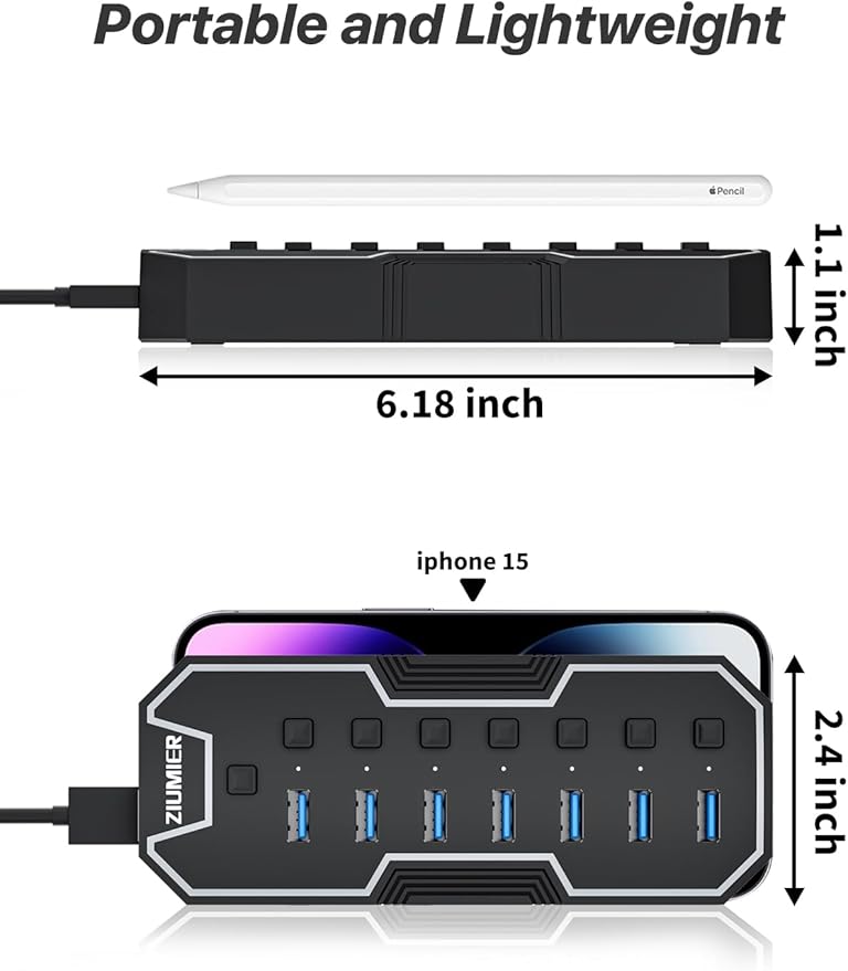 ZIUMIER USB 3.0 Hub,7 Ports USB Expander with RGB LED Strip for MacBook, Mac Pro, Mac mini, iMac, Surface Pro, XPS, PC, Flash Drive, Mobile HDD