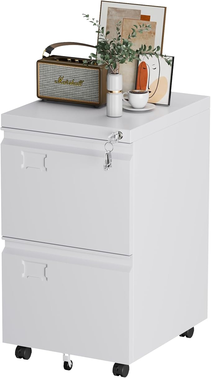 2 Drawers Mobile File Cabinet, Metal Under Desk Cabinet with Lock, for Office & Home, Legal/Letter Size, W14.57”x D17.36”x H25.79”, Assembly Required(White)