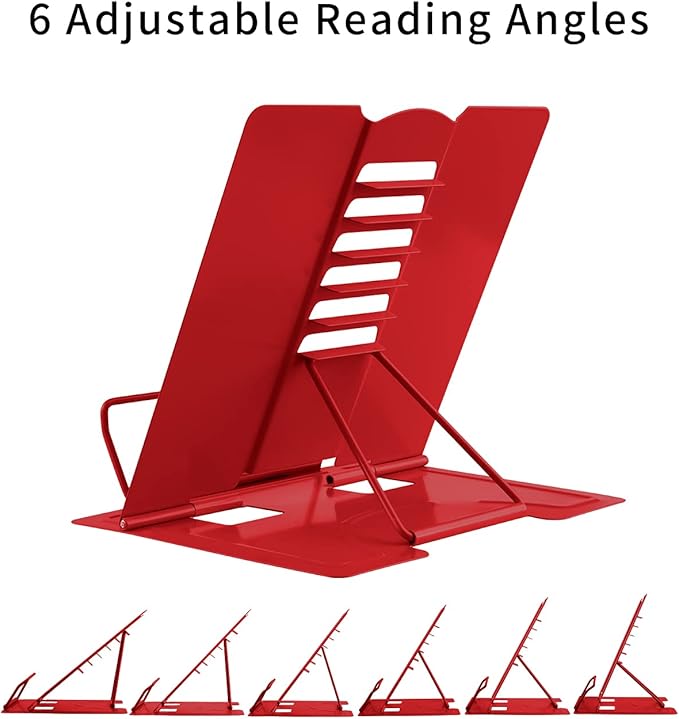 MSDADA Desk Book Stand Metal Reading Rest Book Holder Adjustable Cookbook Documents Holder Portable Sturdy Bookstands for Recipes Textbooks Tablet Music Books with Page Clips (Red)