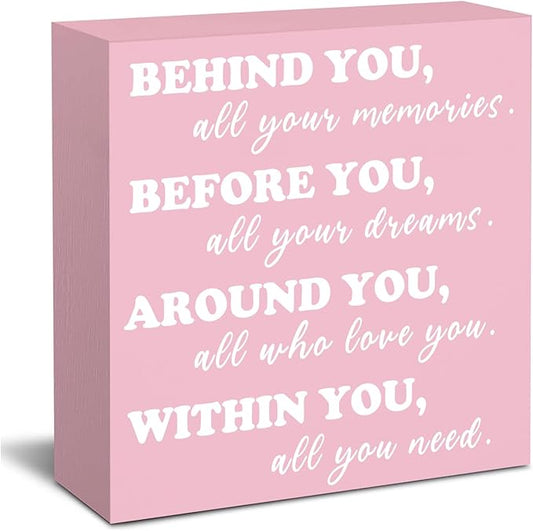 Behind You All Your Memories Pink Wooden Box Block Sign Graduation Quote Decor Desk Sign Pink Positive Office Decor for Women Desk Cubicle Decoration Grad Gift