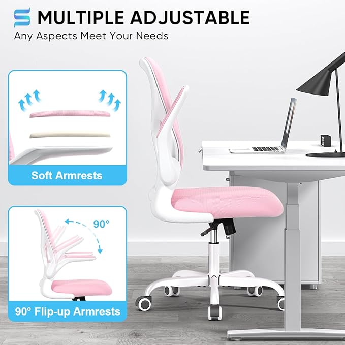 Sytas Ergonomic Desk Chair with Padded Flip up Arms and Supportive Lumbar Support, Breathable Mesh Home Office Chair with Comfortable Cushion for Home or Office(Pink)