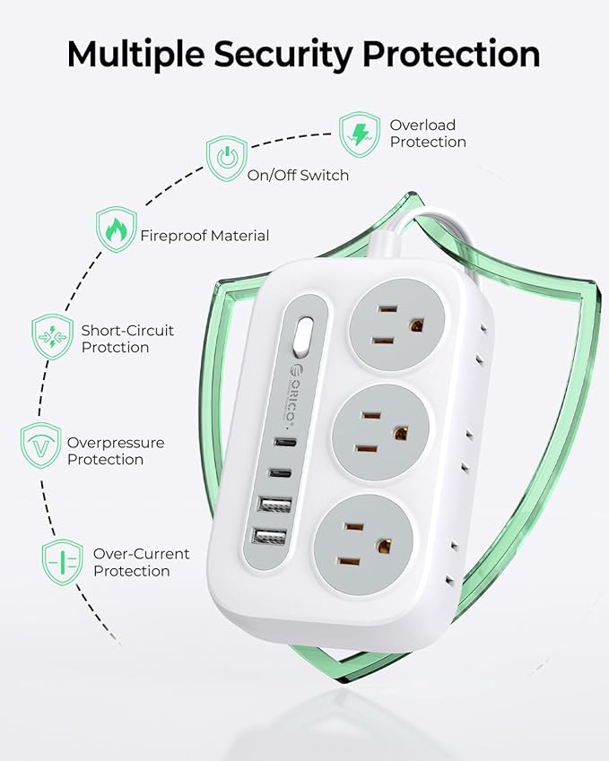ORICO Surge Protector Power Strip, Multiple Outlets Extension Cord with 6 AC Outlets 2 USB-A and 2 USB-C Ports, 10 ft Long Flat Plug Power Strip, Mountable Outlet Extender for Dorm/Office/Home- OG