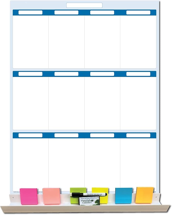 Sky Blue 12 Section Task, Objective and Goals Planning System Vertical 24" Tall x 18" Wide. Wall Tray, Dry-Erase Marker, Eraser and 600 Sticky-Notes